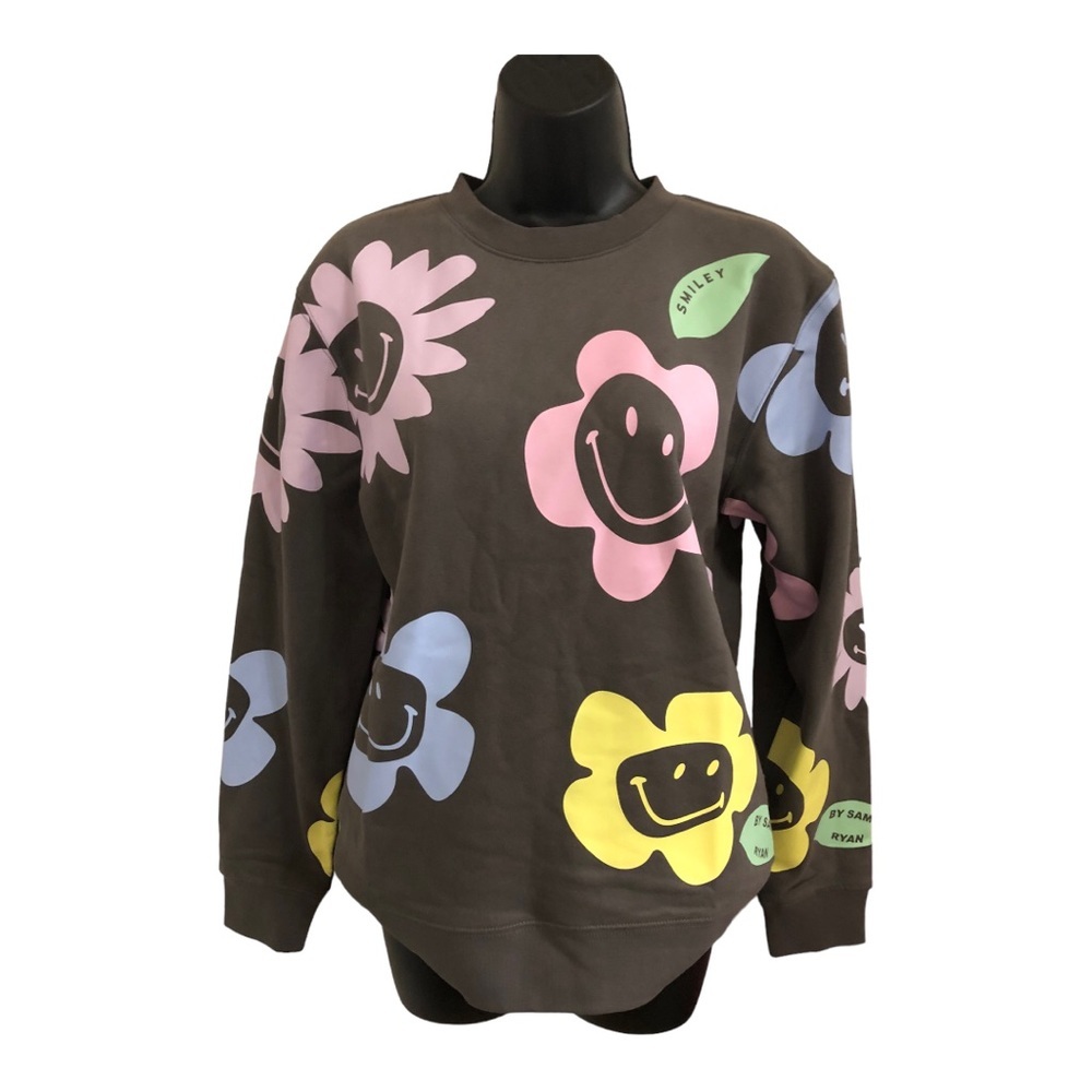 BSR by Samii Ryan dark gray sunflower smiley faces‎ pullover sweatshirt size XS - Picture 10 of 16